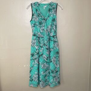 ELLE Dress Green & Black Floral Print Secretary Bow Sleeveless MIDI Modest XS